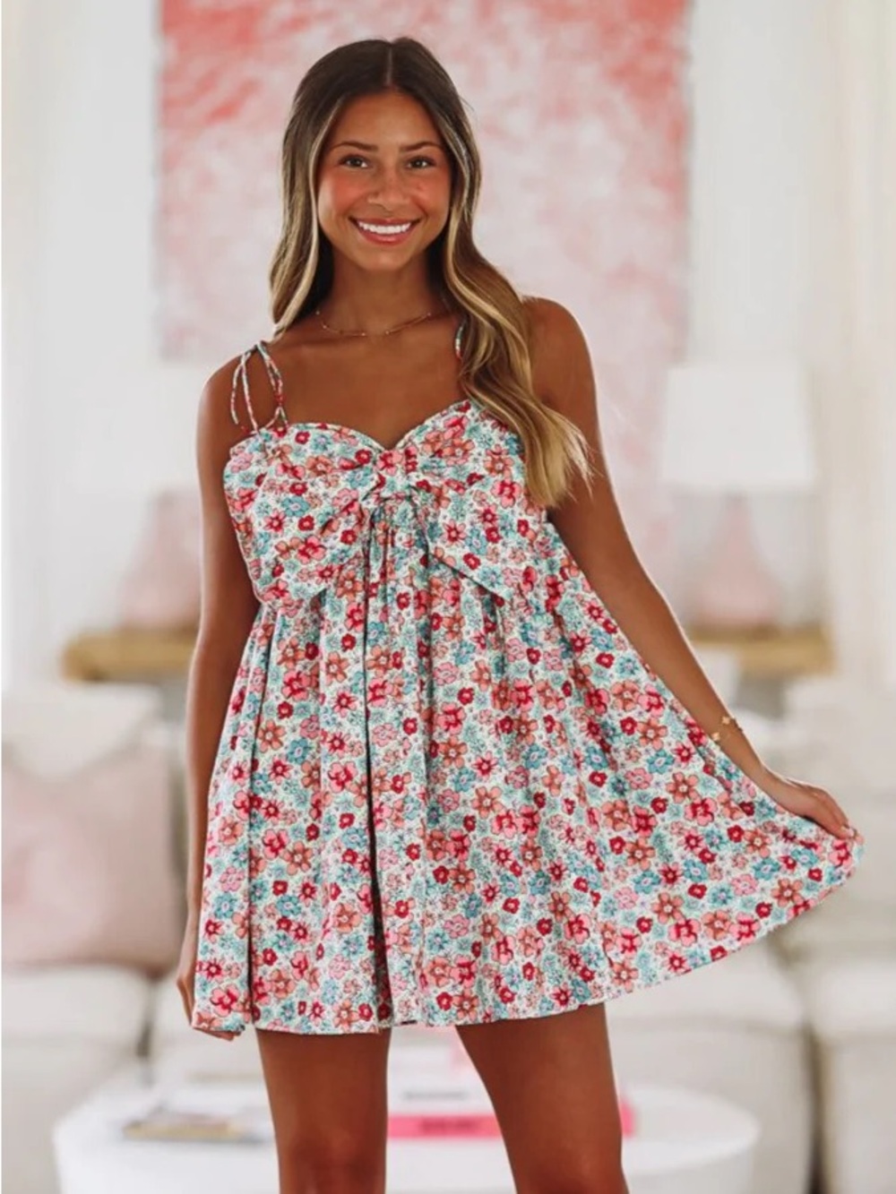 Storia Floral Tie-Shoulder Sundress with Bow Front